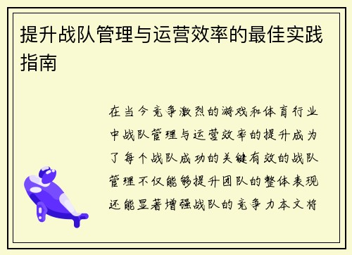 提升战队管理与运营效率的最佳实践指南
