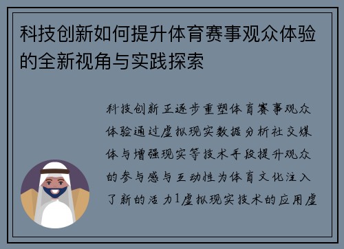 科技创新如何提升体育赛事观众体验的全新视角与实践探索